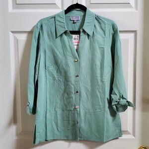 NWT JM Collection Green Tie Sleeve Button Down Linen Shirt Size 10